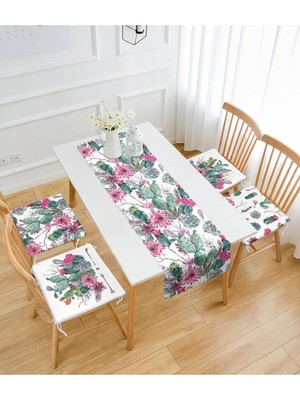 Rem Home Remhome Kaktüs Motifli 4 Fermuarlı Sandalye Minderi ve 1 Runner Seti