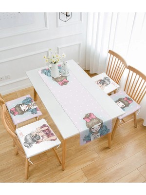 Rem Home Remhome Kahve Içen Kız & Fotoğraf Çeken Kız Tasarımlı 4 Fermuarlı Sandalye Minderi 1 Runner Seti