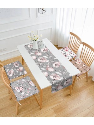 Rem Home Remhome Gri Zeminli Gül Motifli 4 Fermuarlı Sandalye Minderi 1 Runner Seti