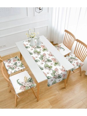 Rem Home Remhome Kurumuş Tropik Yaprak Tasarımlı 4 Fermuarlı Sandalye Minderi ve Runner Seti