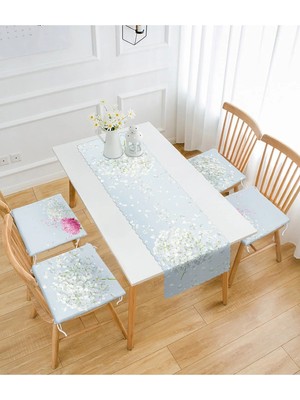 Rem Home Remhome Mavi Zeminde Ortanca Çiçeği Tasarımlı 4 Fermuarlı Sandalye Minderi ve 1 Runner Seti