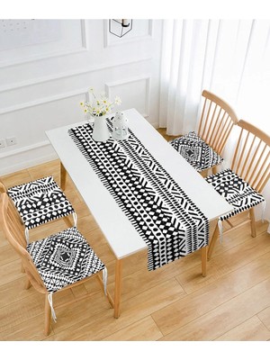 Rem Home Remhome Iskandinav Desen Tasarımlı 4 Pofidik Sandalye Minderi ve 1 Runner Seti