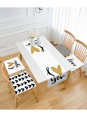 Rem Home Remhome I Love You Motifli 4 Fermuarlı Sandalye Minderi ve 1 Runner Seti