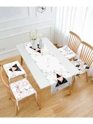 Rem Home Remhome Mermer Zeminli Geometrik Çizimler 4 Pofidik Sandalye Minderi ve 1 Runner Seti