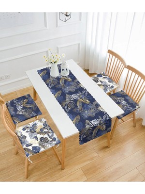 Rem Home Remhome Lacivert Gold Detaylı Yaprak Tasarımlı 4 Fermuarlı Sandalye Minderi ve 1 Runner Seti