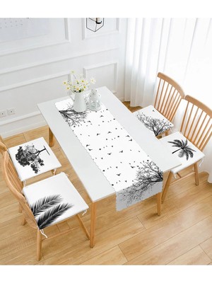 Rem Home Remhome Siyah Beyaz Ağaç Tasarımlı Dijital Baskılı 4 Fermuarlı Sandalye Minderi 1 Runner Seti