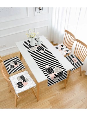 Rem Home Remhome Çizgili Kaktüs Tasarımlı 4 Fermuarlı Sandalye Minderi ve 1 Runner Seti