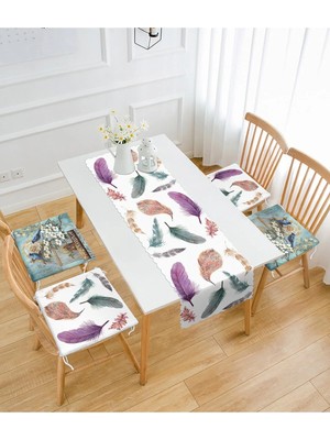 Rem Home Remhome Tüy ve Kuş Tasarımlı Özel Motifli 4 Fermuarlı Sandalye Minderi 1 Runner Seti