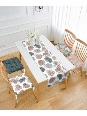 Rem Home Remhome Soyut Renkli Tropik Yaprak Çizimli 4 Pofidik Sandalye Minderi ve 1 Runner Seti