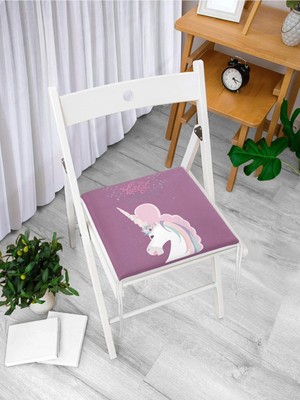 Rem Home Remhome Pembe Zeminde Unicorn Desenli Özel Tasarımlı Dijital Baskılı Modern Fermuarlı Sandalye Minderi