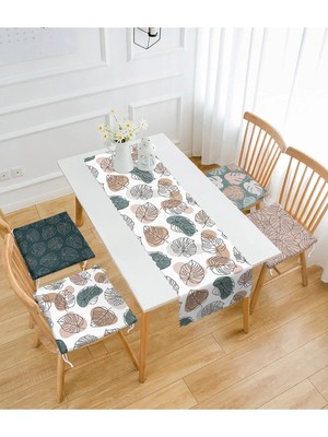 Rem Home Remhome Soyut Renkli Tropik Yaprak Çizimli 4 Fermuarlı Sandalye Minderi ve 1 Runner Seti