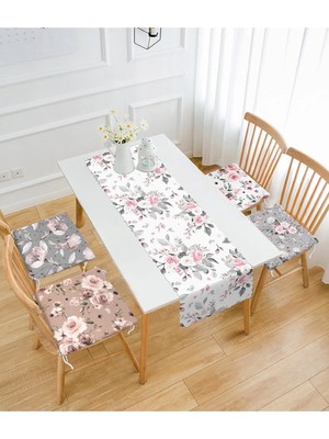 Rem Home Remhome Soyut Renkli Gül Motifli 4 Fermuarlı Sandalye Minderi ve Runner Seti