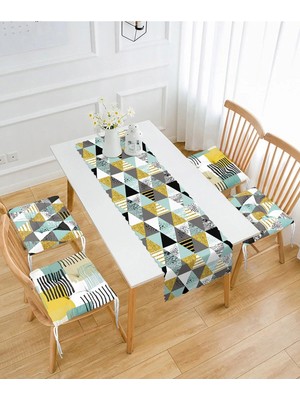 Rem Home Remhome Üçgen Geometrik Şekiller 4 Pofidik Sandalye Minderi ve 1 Runner Seti