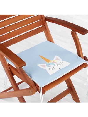 Rem Home Remhome Mavi Zeminde Sevimli Unicorn Desenli Dijital Baskılı Modern Fermuarlı Sandalye Minderi