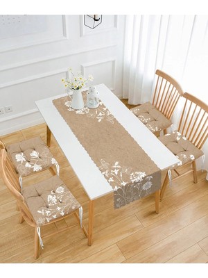 Rem Home Remhome Kahverengi Zeminli Çiçek Tasarımlı 4 Pofidik Sandalye Minderi ve 1 Runner Seti