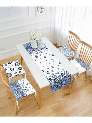 Rem Home Remhome Nazar Boncuklu 4 Pofidik Sandalye Minderi ve 1 Runner Seti