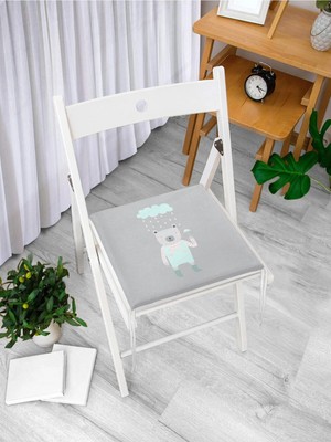 Rem Home Remhome Gri Zeminde Şemsiyeli Ayıcık Motifli Dijital Baskılı Modern Fermuarlı Sandalye Minderi