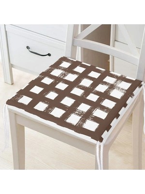 Rem Home Remhome Kahve Zeminde Geometrik Kare Motifli Dekoratif Fermuarlı Sandalye Minderi