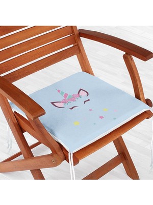Rem Home Remhome Mavi Zeminde Unicorn ve Yıldız Motifli Dijital Baskılı Modern Fermuarlı Sandalye Minderi