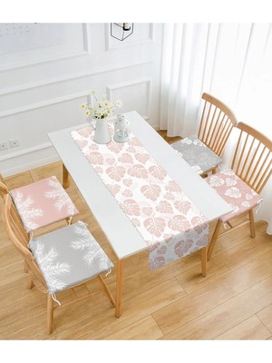 Rem Home Remhome Soyut Pembe Gri Yaprak Tasarımlı 4 Fermuarlı Sandalye Minderi 1 Runner Seti