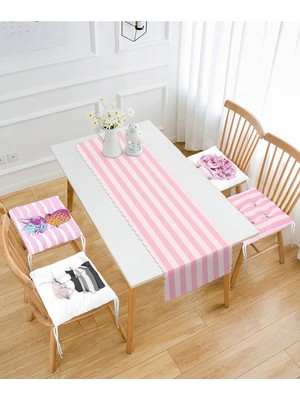 Rem Home Remhome Pembe Çizgili 4 Pofidik Sandalye Minderi ve 1 Runner Seti