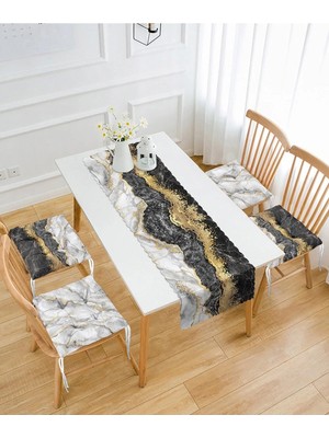 Rem Home Remhome Siyah Mermer Motifli 4 Pofidik Sandalye Minderi ve 1 Runner Seti