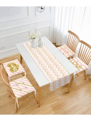 Rem Home Remhome Pembe Zigzag Gold Detaylı Özel Tasarım 4 Pofidik Sandalye Minderi ve 1 Runner Seti