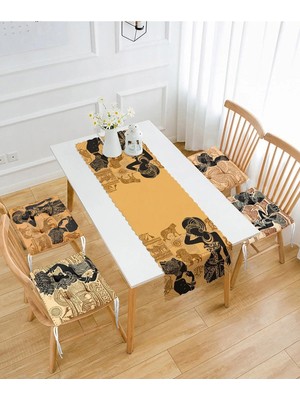 Rem Home Remhome African Women Girl Motifli 4 Pofidik Sandalye Minderi ve 1 Runner Seti