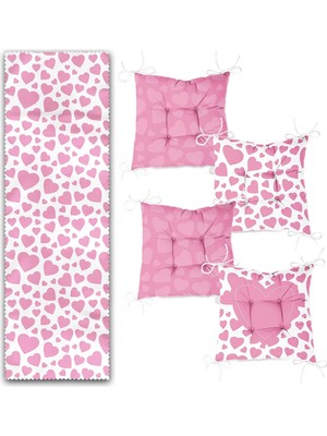 Rem Home Remhome Pembe Kalpli Aşk Temalı 4 Pofidik Sandalye Minderi ve 1 Runner Seti