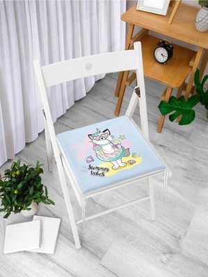 Rem Home Remhome Mavi Zeminde Tatil Temalı Kedi Desenli Dijital Baskılı Modern Fermuarlı Sandalye Minderi