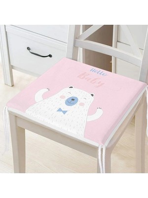 Rem Home Remhome Pembe Zemin Hello Baby Yazılı Ayıcık Desenli Dijital Baskılı Modern Fermuarlı Sandalye Minderi
