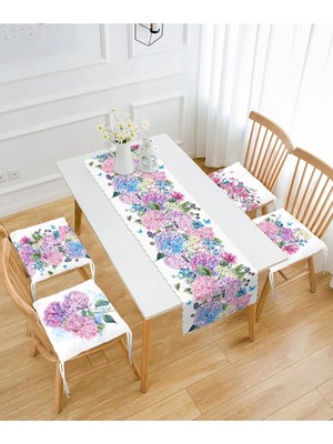 Rem Home Remhome Ortanca Çiçek Motifli 4 Pofidik Sandalye Minderi ve 1 Runner Seti