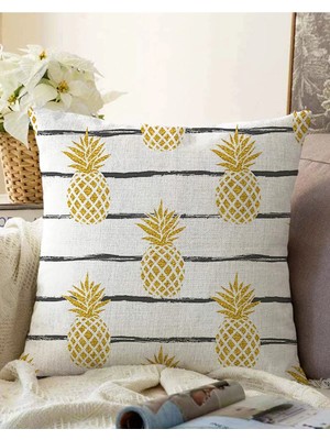 Rem Home Çift Taraflı Beyaz Zemin Üzerinde Gold Renkli Ananas Desenli Modern Raşel Örme Yastık Kırlent Kılıfı