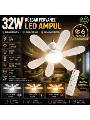 Formzen 32W Rüzgar Pervaneli LED Ampul E27 Duy | 6 Kanat | Kumandalı Tavan Fanı | 3 Renk Işık | 3 Kademe Fan | 2700 lm | Sessiz Tavan Vantilatörü