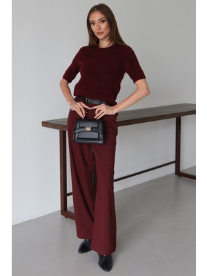 Bacc Bordo Kemerli Çift Cepli Palazzo Pantolon