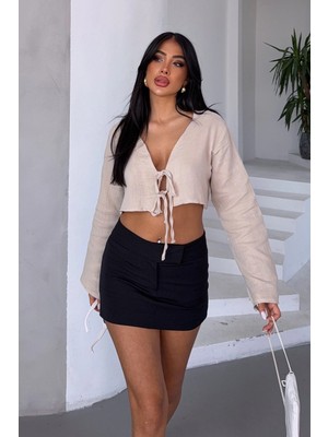 Bacc Bej Bağlamalı Crop Muslin Dokuma Bluz