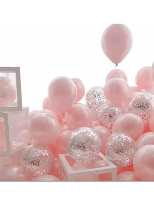 OEM Makaron Pembe Gümüş Konfetili Şeffaf Balon Seti 20 Adet