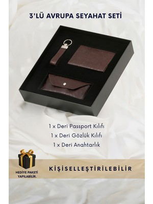Cüzcan Motifli Hakiki Deri 3'lü Avrupa Seyahat Seti - Pasaport Kılıfı, Gözlük Kılıfı, Anahtarlık
