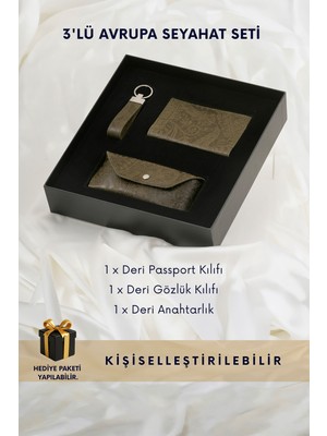 Cüzcan Motifli Hakiki Deri 3'lü Avrupa Seyahat Seti - Pasaport Kılıfı, Gözlük Kılıfı, Anahtarlık