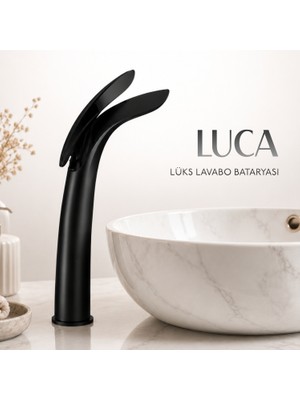 Badem10 Dellora Luca Mat Siyah Uzun Lavabo Bataryası Lüks Kaliteli Banyo Lavabo Batarya Long