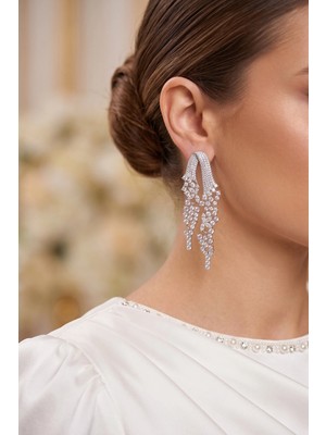 Mey İthalat Mey Ithalat® Gümüş Renk Zirkon Taşlı Çelenk Model Kadın Abiye Küpe