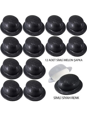 Akıllı Bayi Siyah Renk Simli Melon Yuvarlak Parti Şapkası 12 Adet