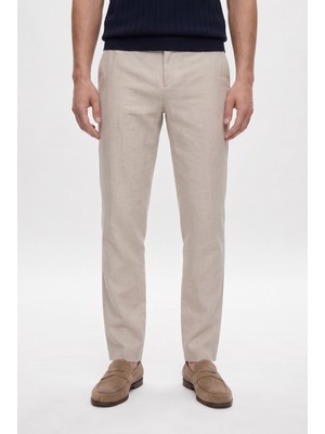 D'S Damat Ds Damat Comfort Fit Bej Keten Karışımlı Chino Pantolon