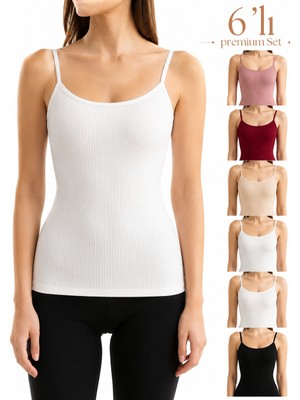 Woan Premium Comfort Kadın Ip Askılı Fitilli Atlet 6'lı Set – Yumuşak Dokulu Esnek Günlük Basic Atlet – Karışık Renk