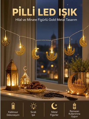 Dunai Store Pilli Minareli Hilal LED Işık Gold Metal Ramazan Dekorasyonu