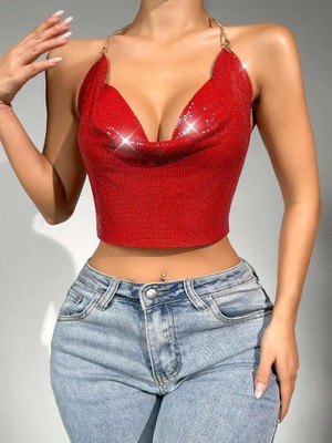 Parlak Kırmızı Crop & Bluz Kolsuz Kayık Yaka Zırh Büstiyer