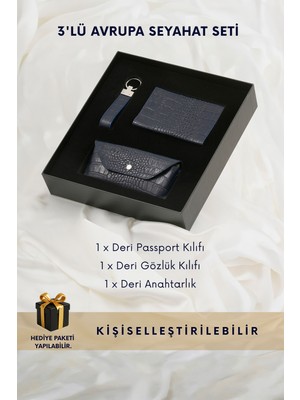 Cüzcan Hakiki Deri Croco Desenli 3'lü Avrupa Seyahat Seti - Pasaport Kılıfı, Gözlük Kılıfı, Anahtarlık