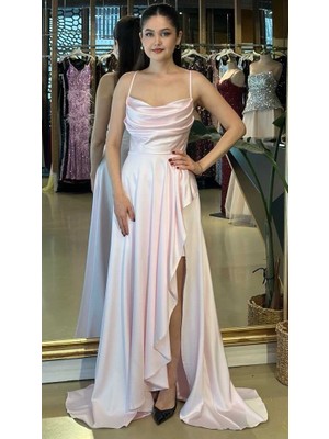 Abiyeniall Pembe Degaje Yaka Ip Askılı  Sırt Dekolteli Yırtmaçlı   Saten  Uzun Abiye Elbise 11276-06