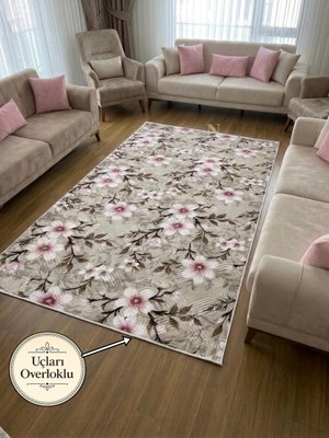 NarStore Home Krem Pembe Çiçekli Kabartmalı Yıkanabilir Kaymaz Taban Kesme Yolluk Salon Halısı Mutfak Halısı