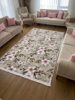 NarStore Home Pembe Krem Saçaklı Çiçekli Kabartmalı Yıkanabilir Kaymaz Taban Kesme Yolluk Salon Halısı